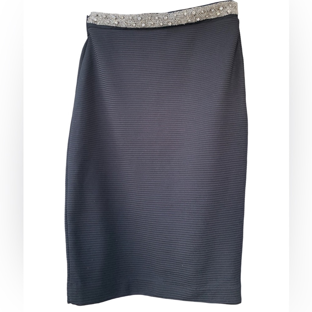 Ribbed Zara Y2K Pencil Skirt with Rhinestone and Beading Waistband Embellishment